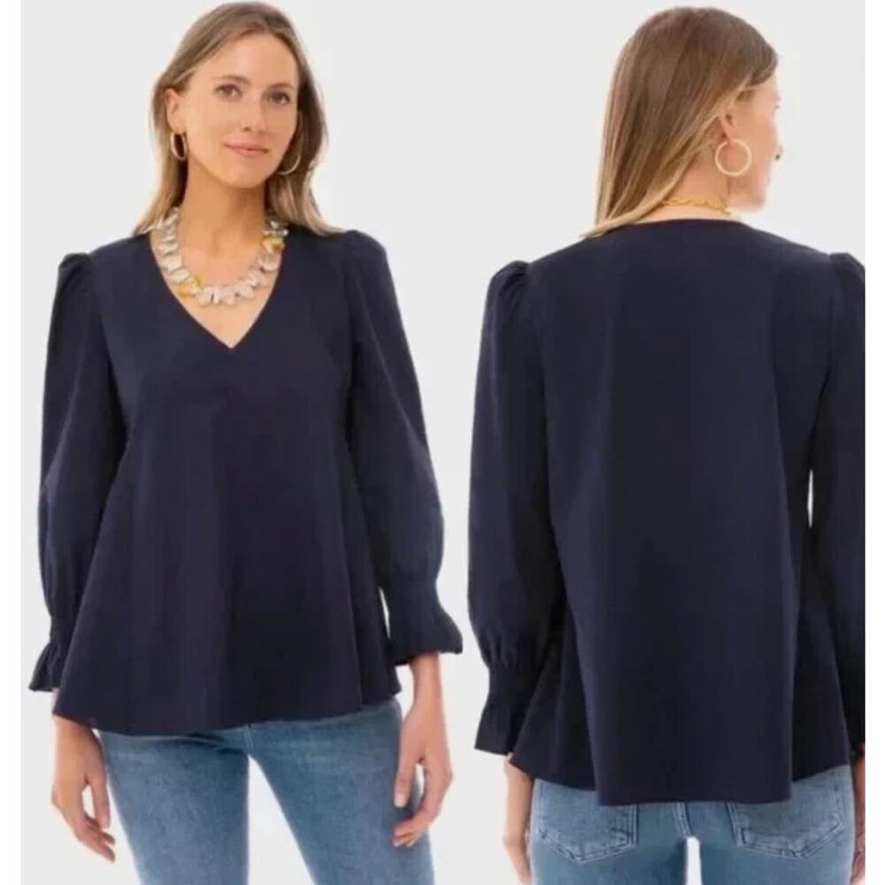Pomander Place Easton Blouse Women Medium Navy Blue Excellent Puff Sleeve V-Neck